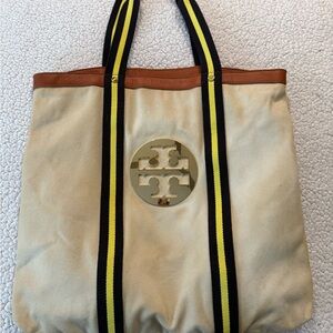 Tory Burch Large Pacey  Tote Bag Cream Color Canvas Large Logo Purse
